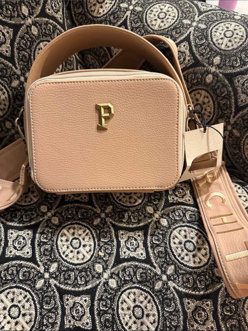 Peach Crossbody Camera Bag with Gold 'P' Accent